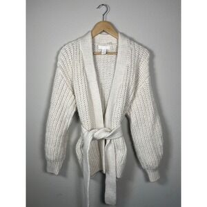 HM Womens XS Cream Chunky Ribbed Knit Belted Cardigan Shawl Collar Sweater Flaw
